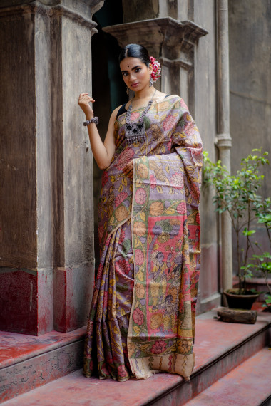 Multi Color color Floral & Figure Motif Organic Dye Kalamkari Saree